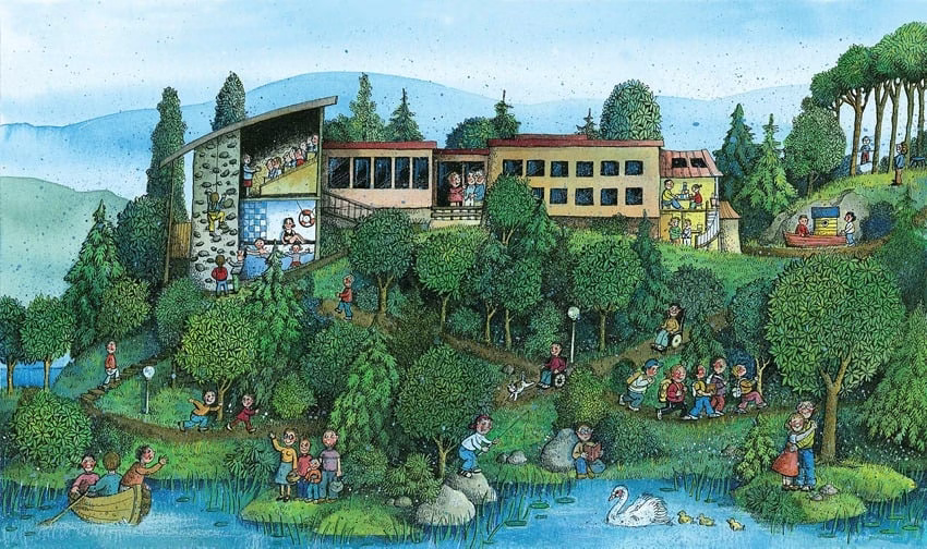 Tegning som viser senteret etter utbygging av barnehage og skole